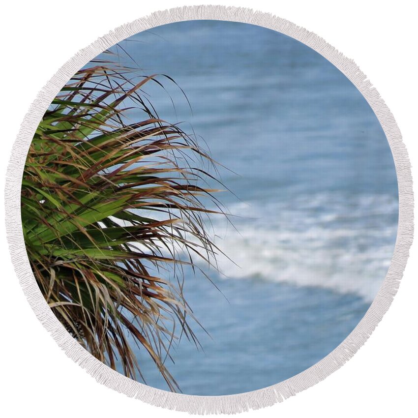 Kathy Long Round Beach Towel featuring the photograph Ocean and Palm Leaves by Kathy Long