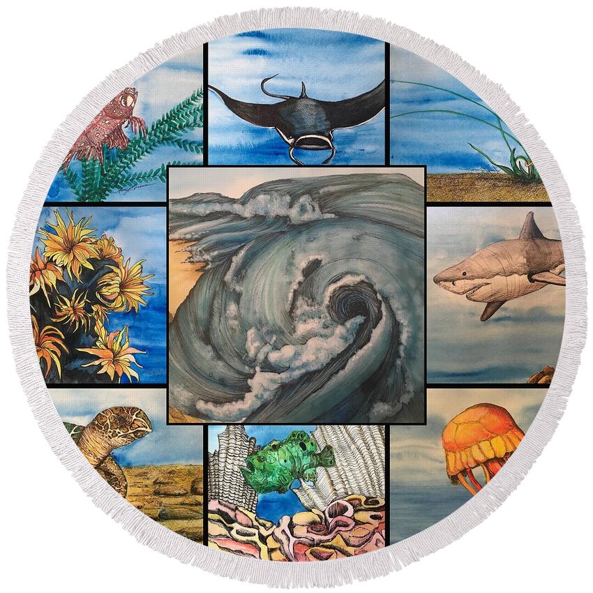 Ocean Round Beach Towel featuring the mixed media Ocean Collage #1 by Mastiff Studios