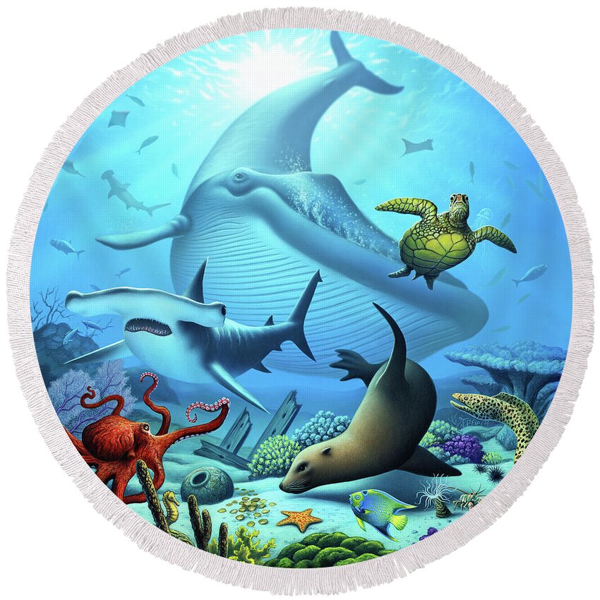 Blue Whale Round Beach Towel featuring the digital art Ocean Life by Jerry LoFaro