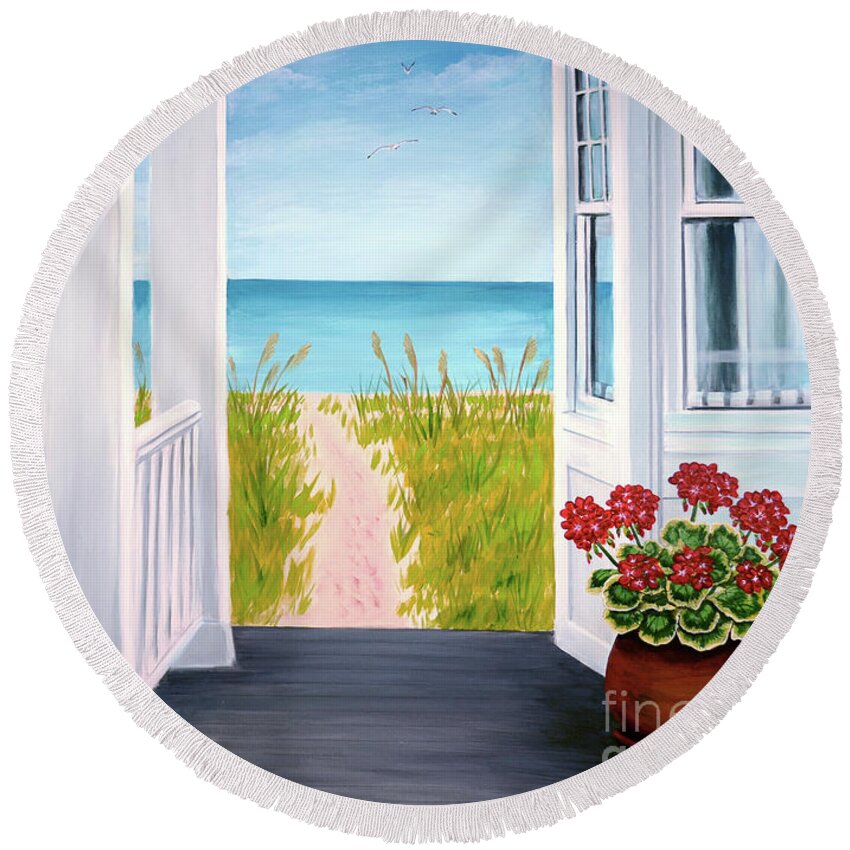 Porch Round Beach Towel featuring the painting Ocean Porch View And Geraniums by Pat Davidson