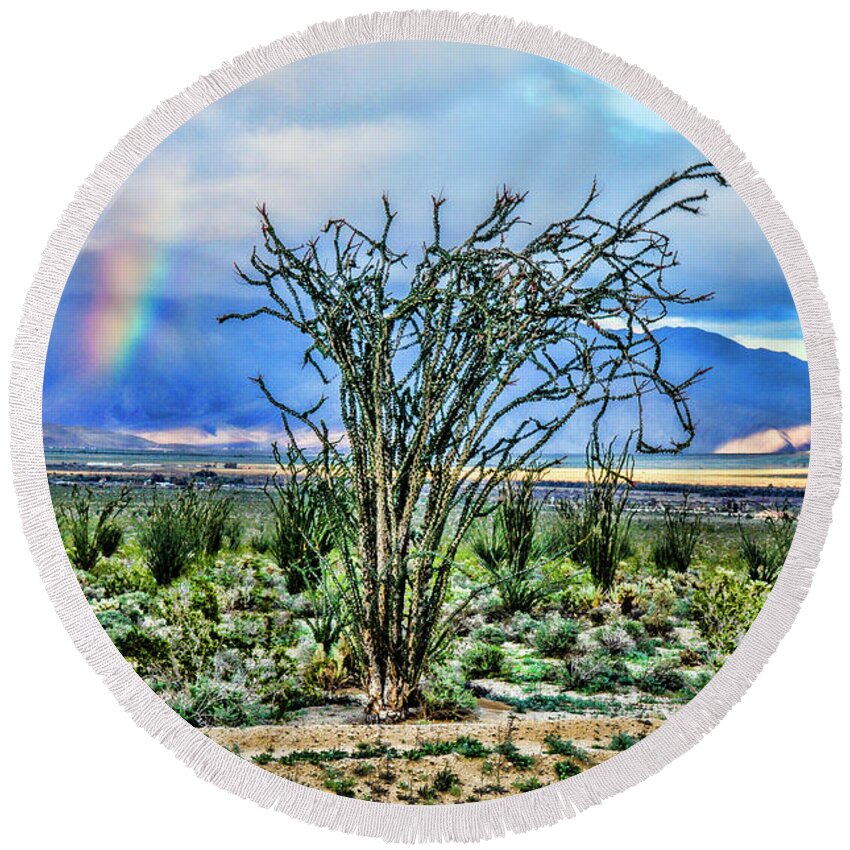 Ocotillo Cactus Rainbow Round Beach Towel featuring the digital art Ocotillo Cactus Rainbow by Daniel Hebard
