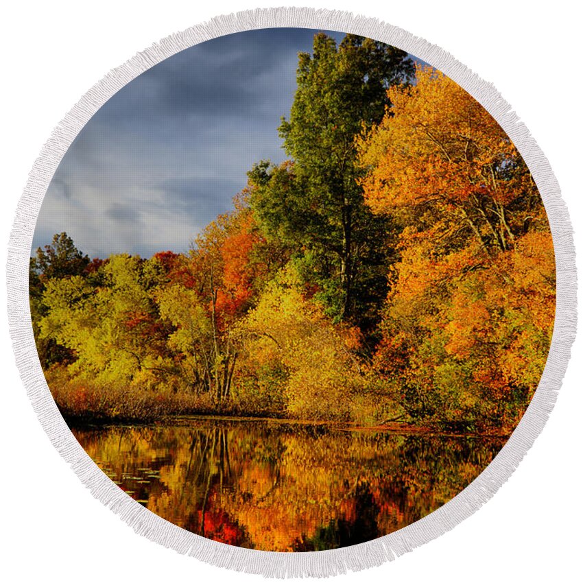 October Round Beach Towel featuring the photograph October Foliage by Lilia D