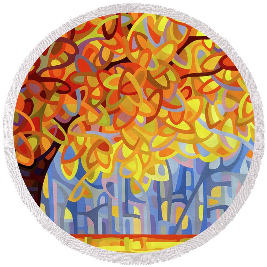 Abstract Round Beach Towel featuring the painting October Gold by Mandy Budan