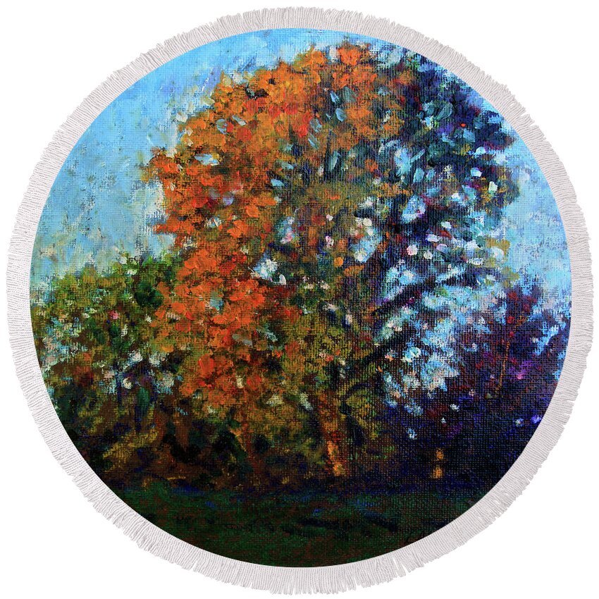Autumn Trees Round Beach Towel featuring the pastel October Morning by John Lautermilch