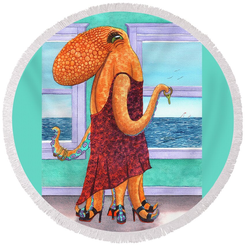 Octopus Round Beach Towel featuring the painting Octopus in a Cocktail Dress by Catherine G McElroy