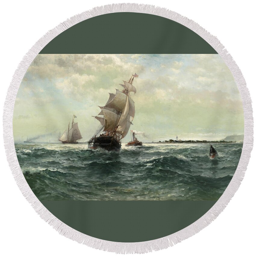 Edward Moran Round Beach Towel featuring the painting Off Atlantic Shore. Highlands by Edward Moran