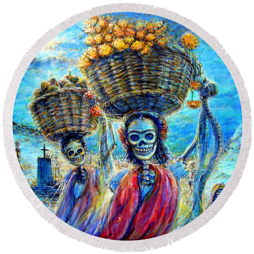 Ofrendas Round Beach Towel featuring the painting Ofrendas by Heather Calderon
