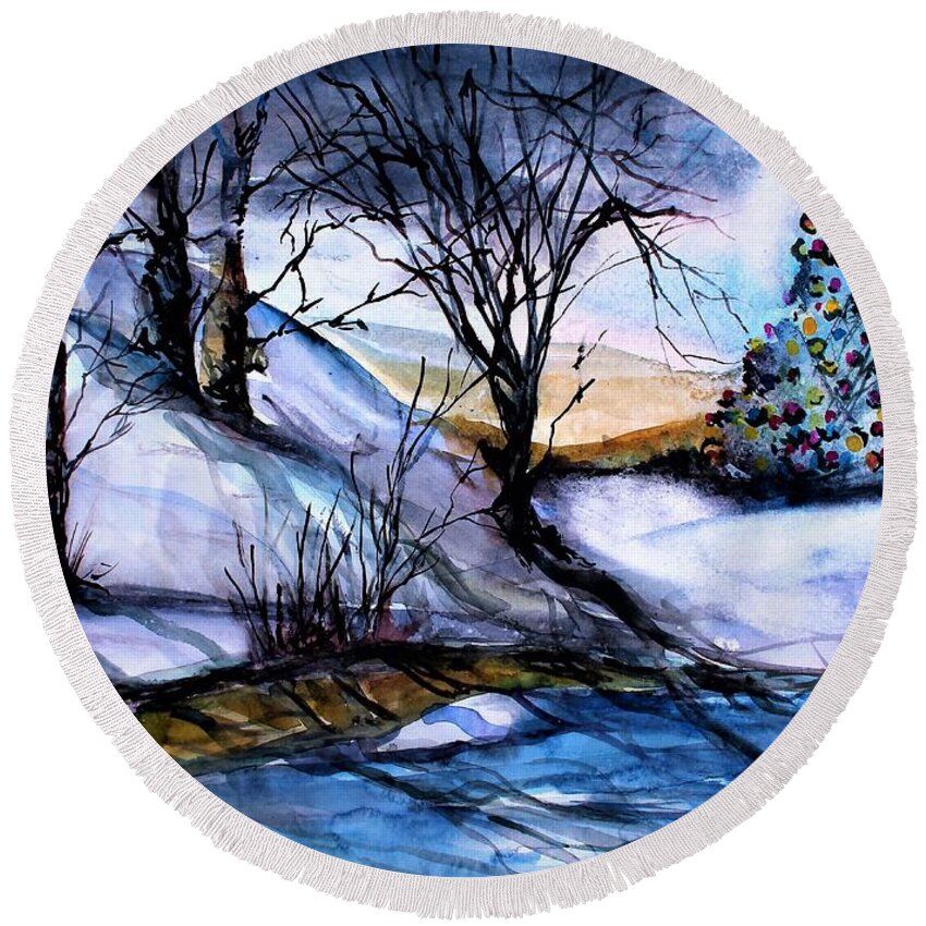 Christmas Tree Round Beach Towel featuring the painting Oh Christmas Tree by Mindy Newman