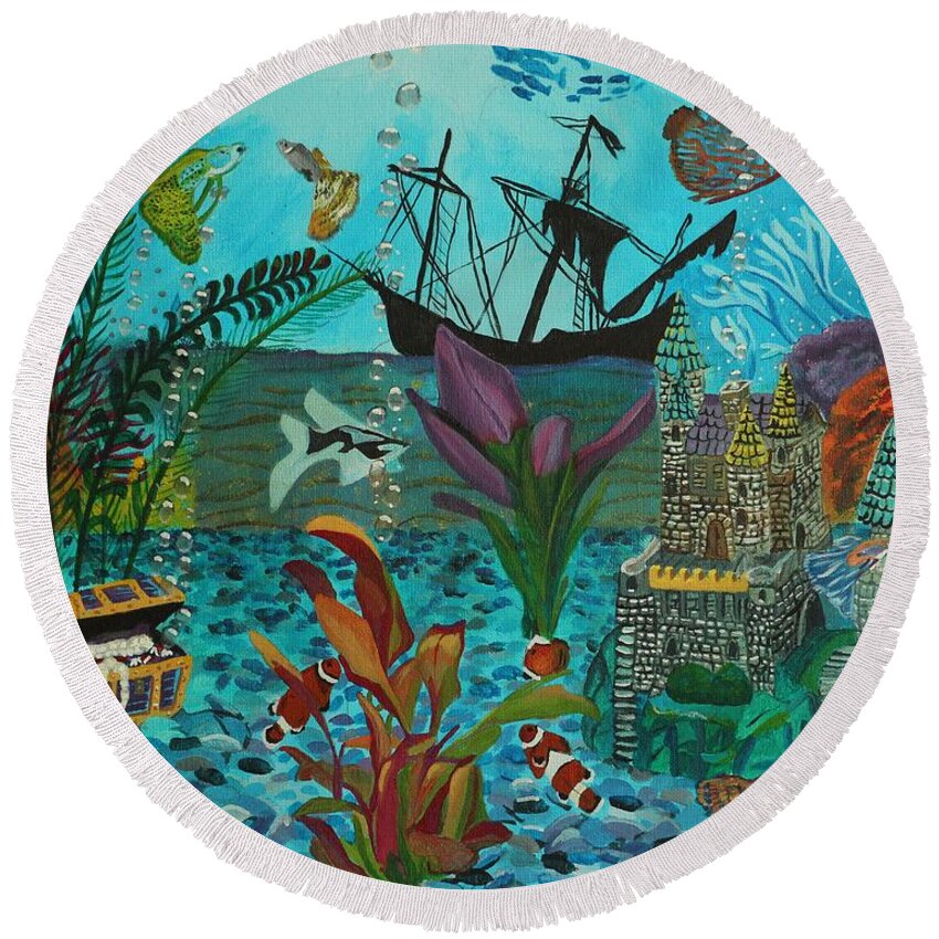 Fish Round Beach Towel featuring the painting Oh look a Castle by David Bigelow