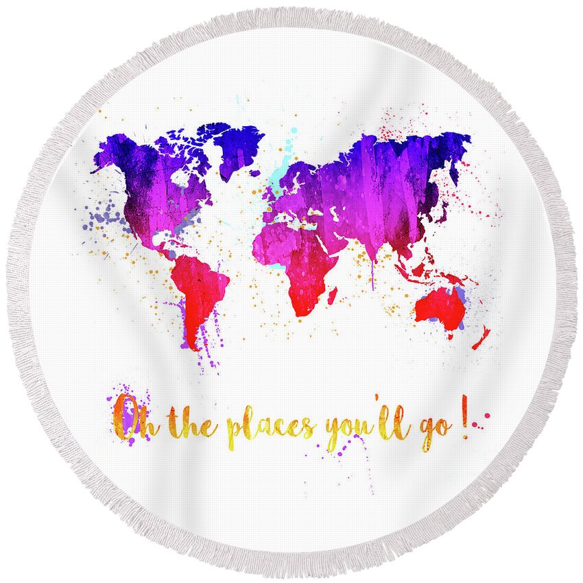 World Round Beach Towel featuring the painting Oh the places you'll go by Delphimages Map Creations
