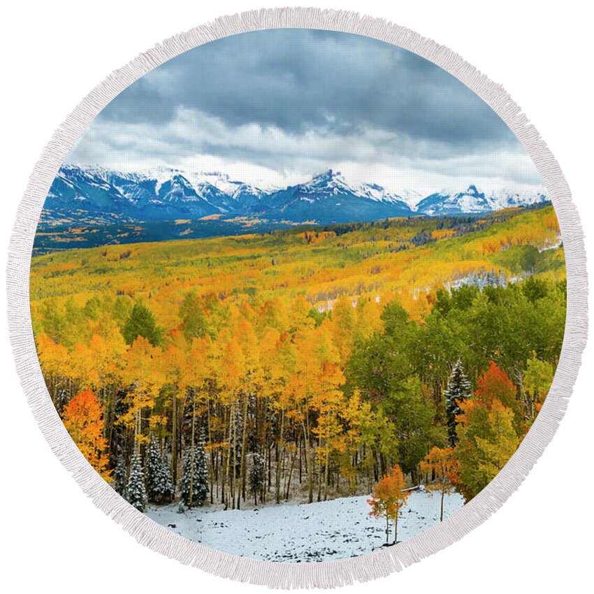 Aspen Trees Round Beach Towel featuring the photograph Ohio Pass Road in Full Fall Color and Snow by Teri Virbickis