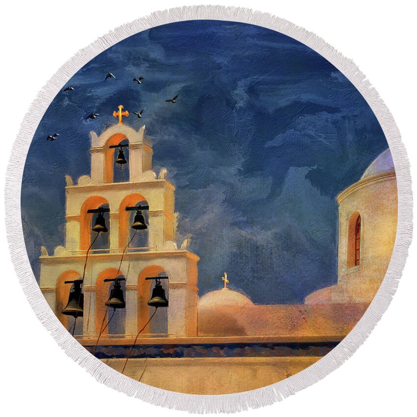 Church Round Beach Towel featuring the digital art Oia Sunset Imagined by Lois Bryan
