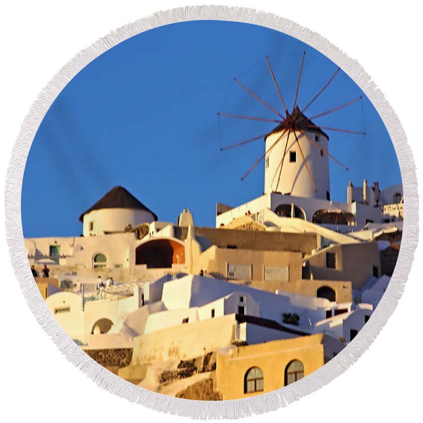 Santorini Round Beach Towel featuring the photograph Oia Windmill by Jeremy Hayden