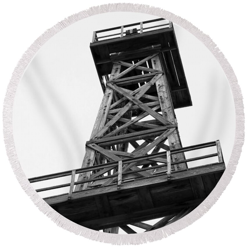 Industrial Round Beach Towel featuring the photograph Oil Derrick in Black and White by Art Block Collections