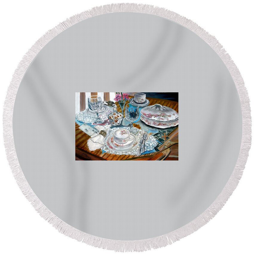 Oil Round Beach Towel featuring the painting Oil Painting Still Life China Tea Set by Derek Mccrea