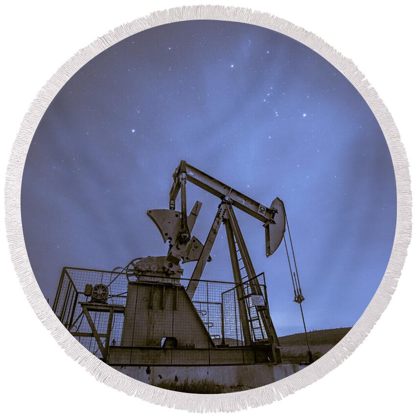 Oil Rig Round Beach Towel featuring the photograph Oil Rig and Stars by Anthony Michael Bonafede