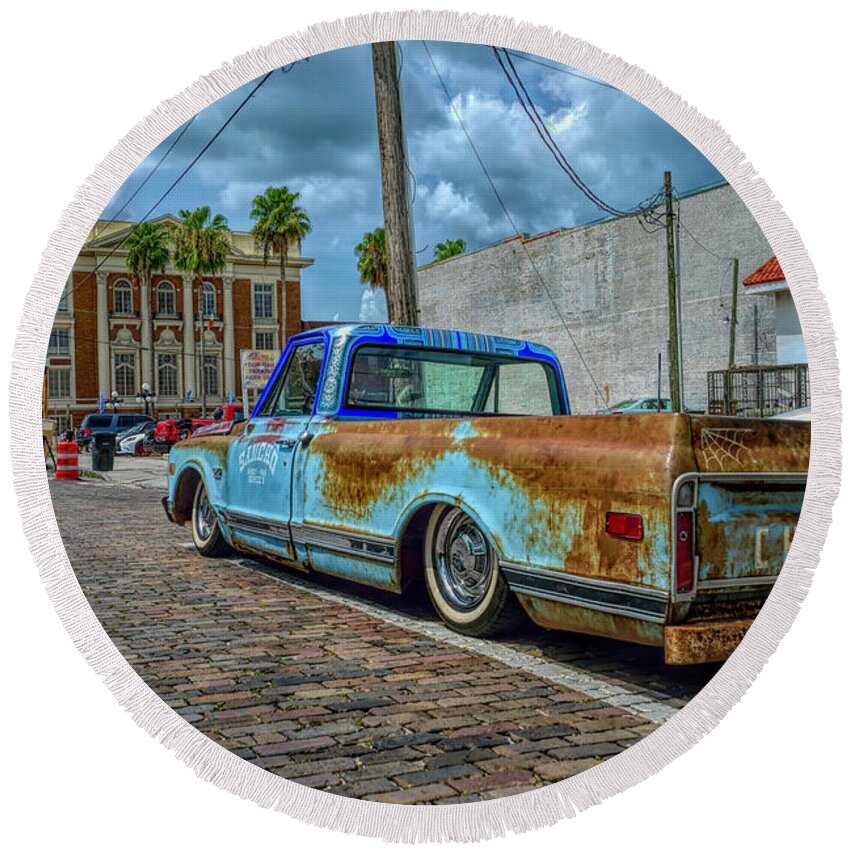 Car Show Round Beach Towel featuring the photograph Olchevy by Alison Belsan Horton