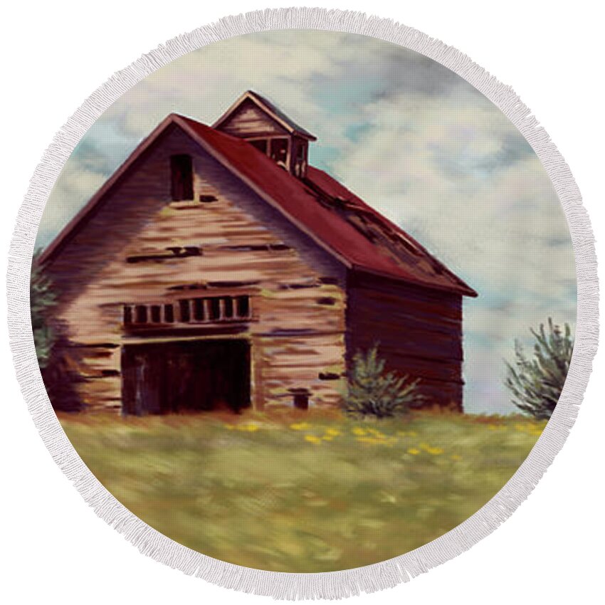Old Barn Round Beach Towel featuring the painting Old Barn by Hans Neuhart