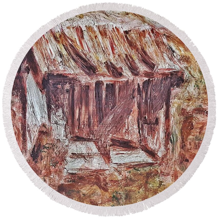 Old Barn Round Beach Towel featuring the painting Old Barn outhouse falling apart in decay and dilapidation rotting wood overgrown mountain valley sce by MendyZ