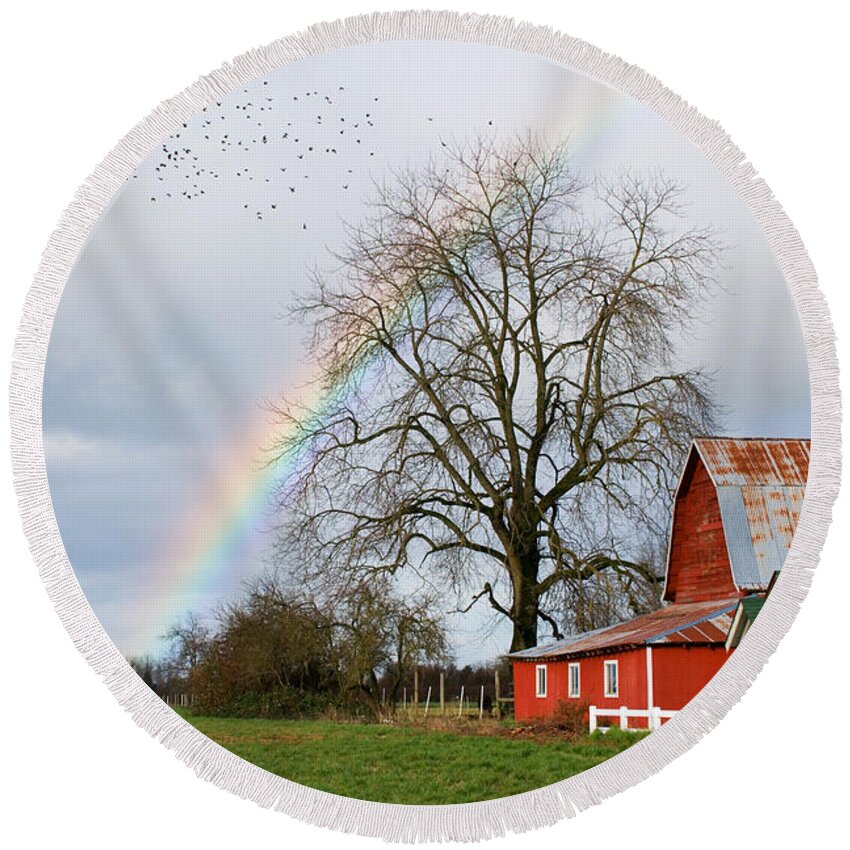 Flying Round Beach Towel featuring the photograph Old Barn Rainbow by Randall Ingalls