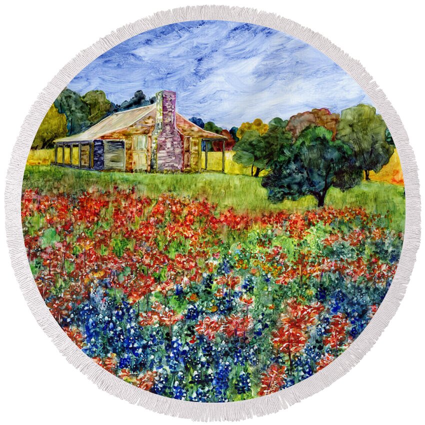 Bluebonnet Round Beach Towel featuring the painting Old Baylor Park by Hailey E Herrera