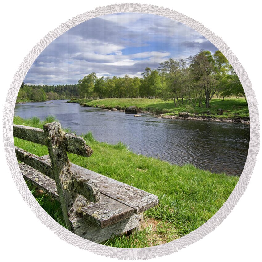 Old Round Beach Towel featuring the photograph Old Bench along Spey River, Scotland by Arterra Picture Library