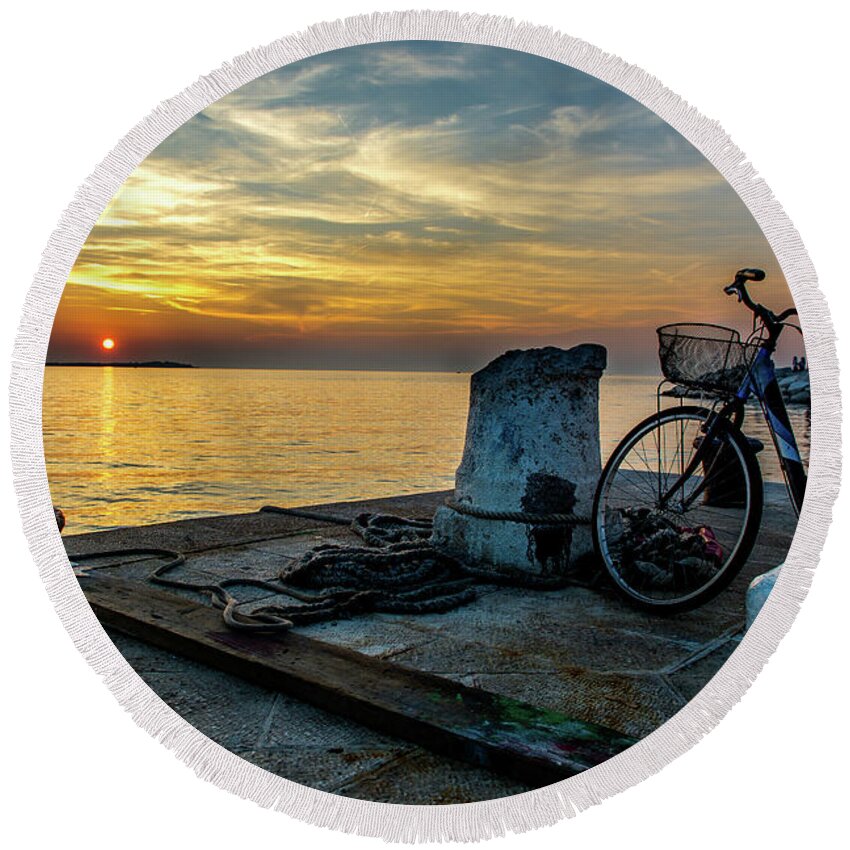 Bicycle Round Beach Towel featuring the photograph Old Bicycle on Jetty at Sunset by Andreas Berthold