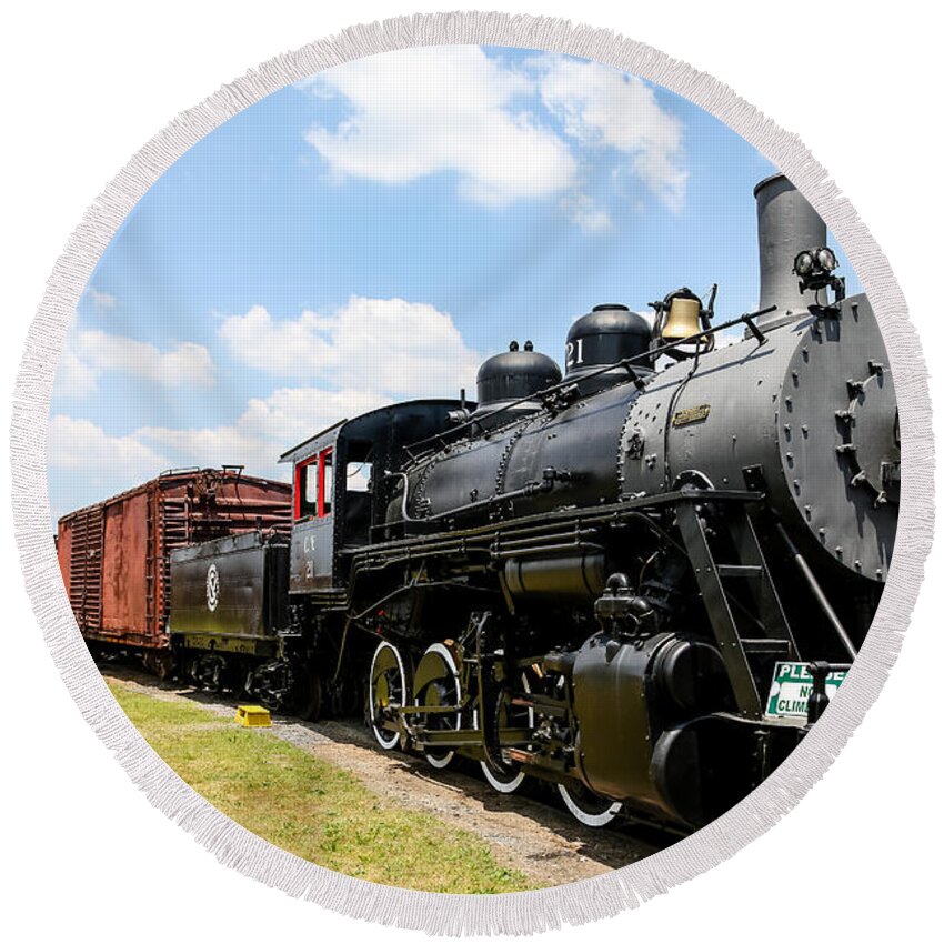 Abandoned Round Beach Towel featuring the photograph Old Black Steam Locomotive by Darryl Brooks