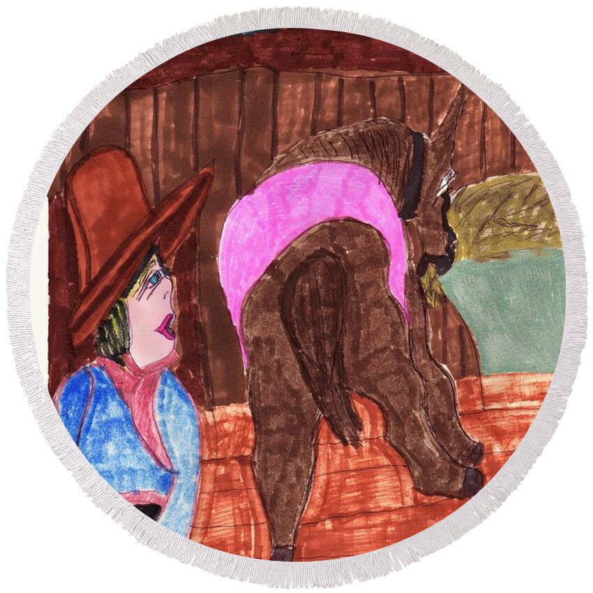 An Old Horse Eating Hay With His Owner In The Barn Near Her Round Beach Towel featuring the mixed media Old Blue by Elinor Helen Rakowski