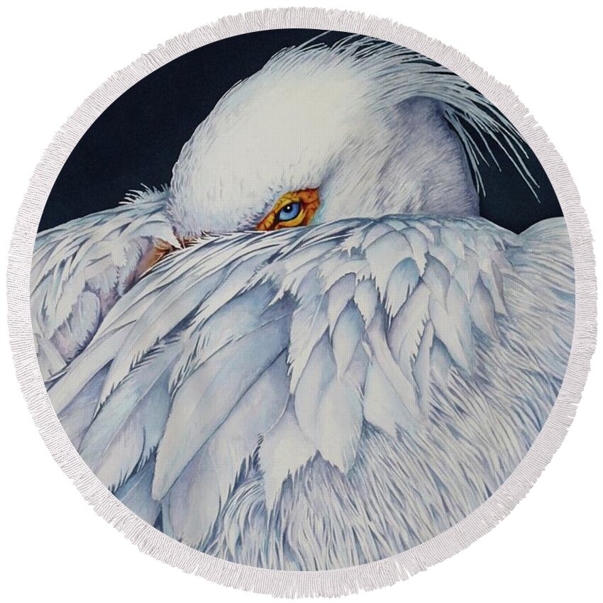 Pelican Round Beach Towel featuring the painting Old Blue Eyes by Greg and Linda Halom
