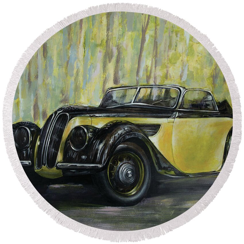 Bmw Round Beach Towel featuring the painting Old BMW yellow car painted on leather, vintage 1938 by Vali Irina Ciobanu