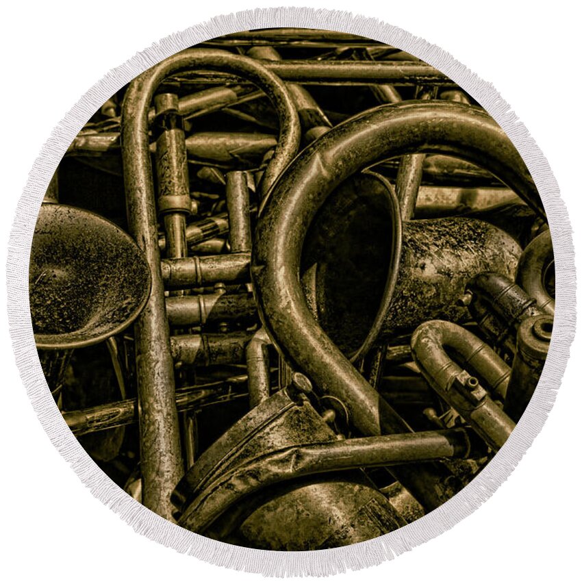 Old Round Beach Towel featuring the photograph Old Brass Musical Instruments by David Gordon