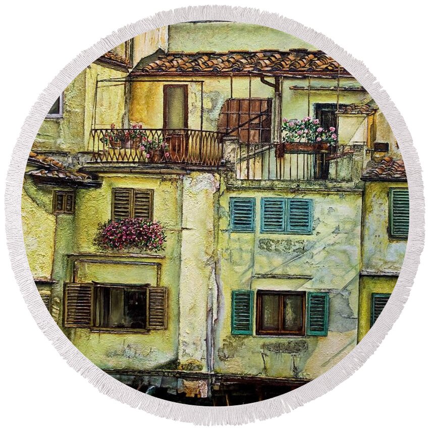 Garden Round Beach Towel featuring the painting Old Bridge by Michelangelo Rossi