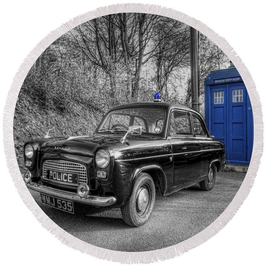 Art Round Beach Towel featuring the photograph Old British Police Car And Tardis by Yhun Suarez