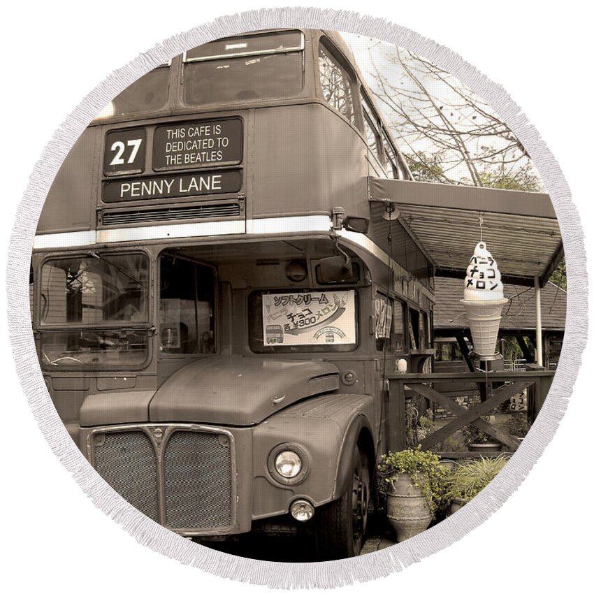 The Beatles Round Beach Towel featuring the photograph Old Bus Cafe by Eena Bo