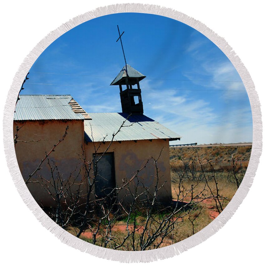 Route 66 Round Beach Towel featuring the photograph Old Chapel on Route 66 in Newkirk NM by Susanne Van Hulst