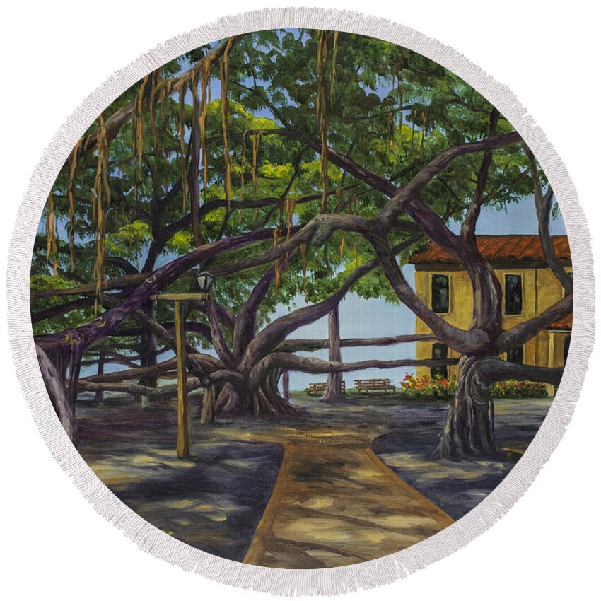 Landscape Round Beach Towel featuring the painting Old Courthouse Maui by Darice Machel McGuire