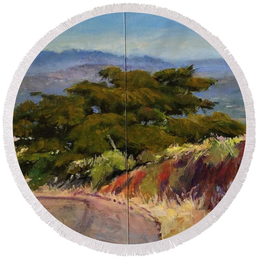 Landscape Painting Round Beach Towel featuring the painting Old Cypress near Temecula by Peter Salwen