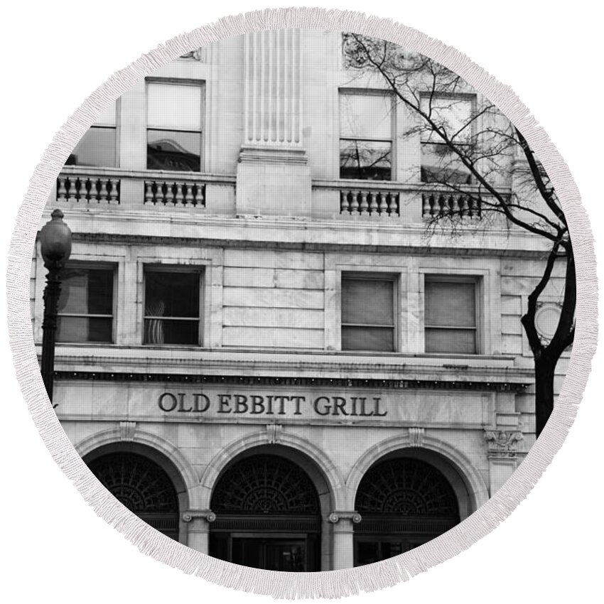 Washington D.c. Round Beach Towel featuring the photograph Old Ebbitt Grill Facade Black and White by Marina McLain