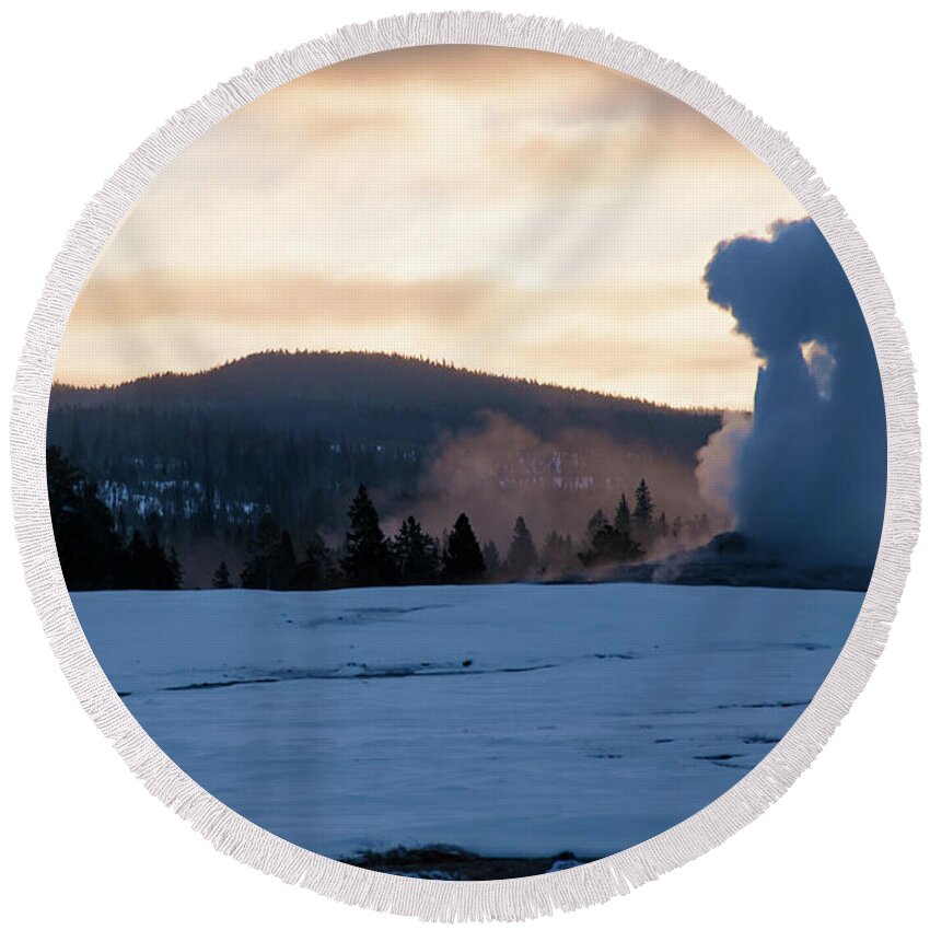 Yellowstone National Park Round Beach Towel featuring the photograph Old Faithful at Daybreak by Bob Phillips