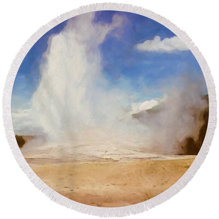  Round Beach Towel featuring the digital art Old Faithful Vintage 5 by Cathy Anderson