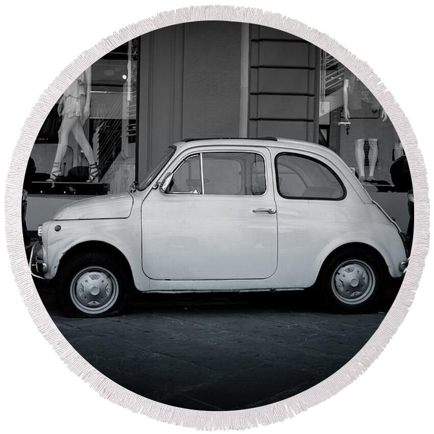 Car Round Beach Towel featuring the photograph Old Fiat on the streets of Florence by Edward Fielding