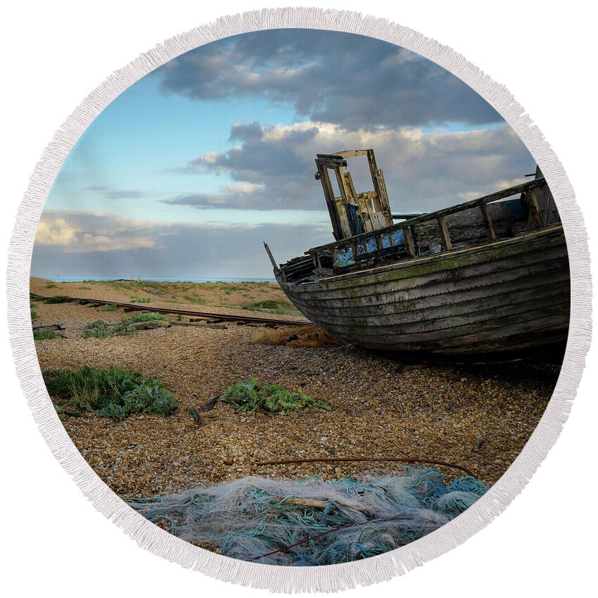 Sea Round Beach Towel featuring the photograph Old Fishing Boat, Dungeness by Perry Rodriguez