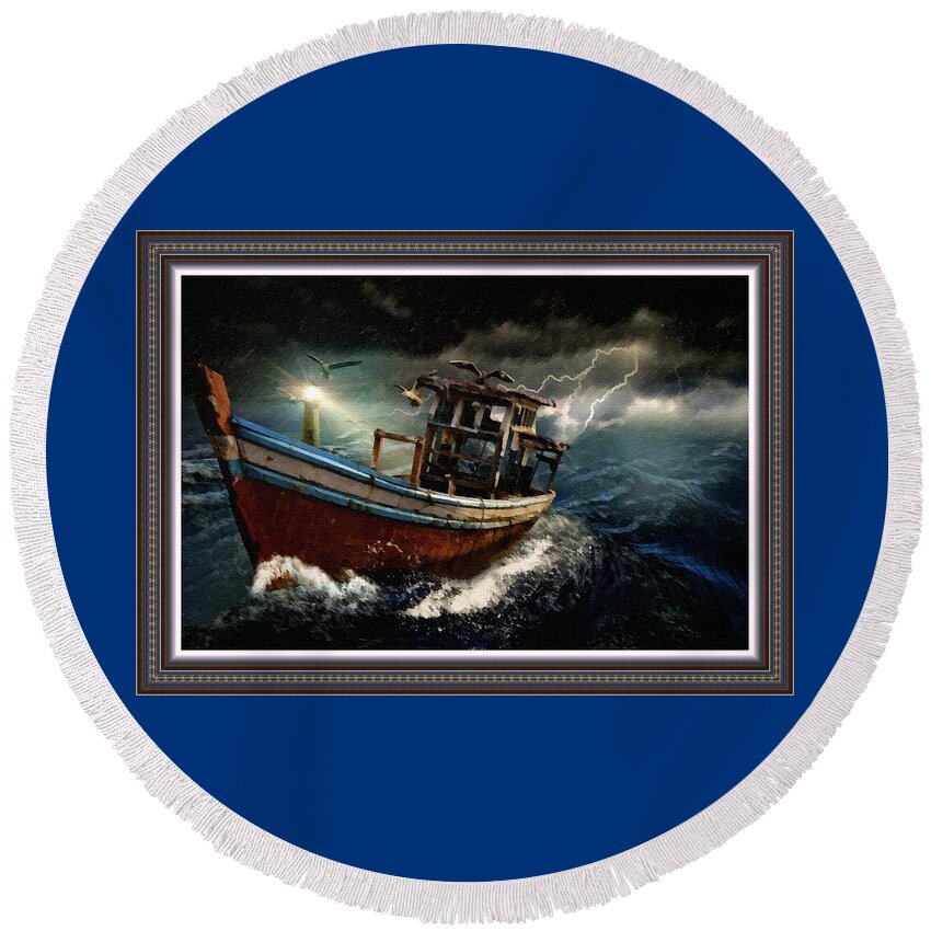 Old Fishing Boat In a Storm L B With Alt. Decorative Ornate Printed Frame.  Round Beach Towel by Gert J Rheeders - Fine Art America