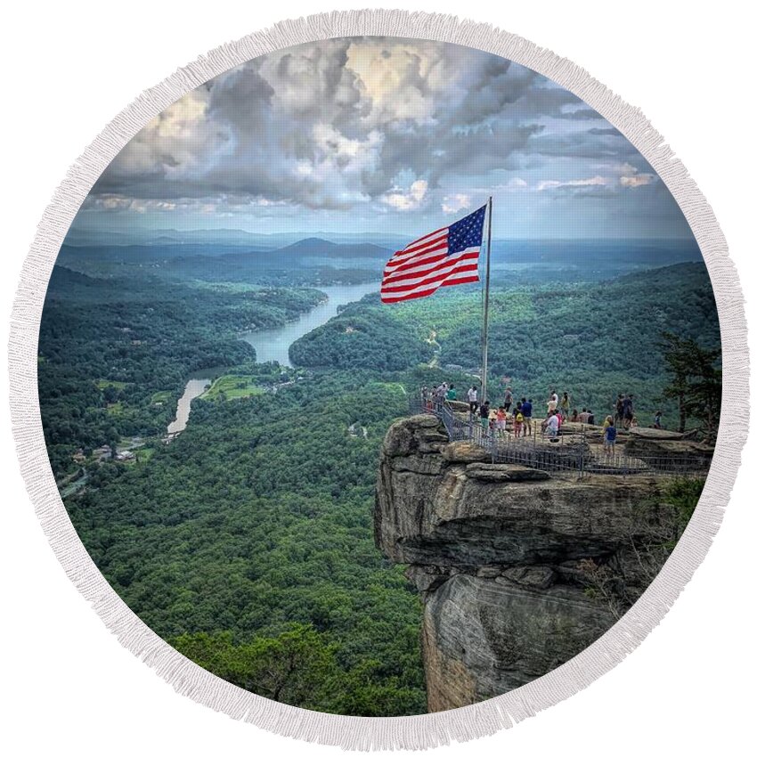 Chimney Rock Round Beach Towel featuring the photograph Old Glory on the Rock by Buddy Morrison