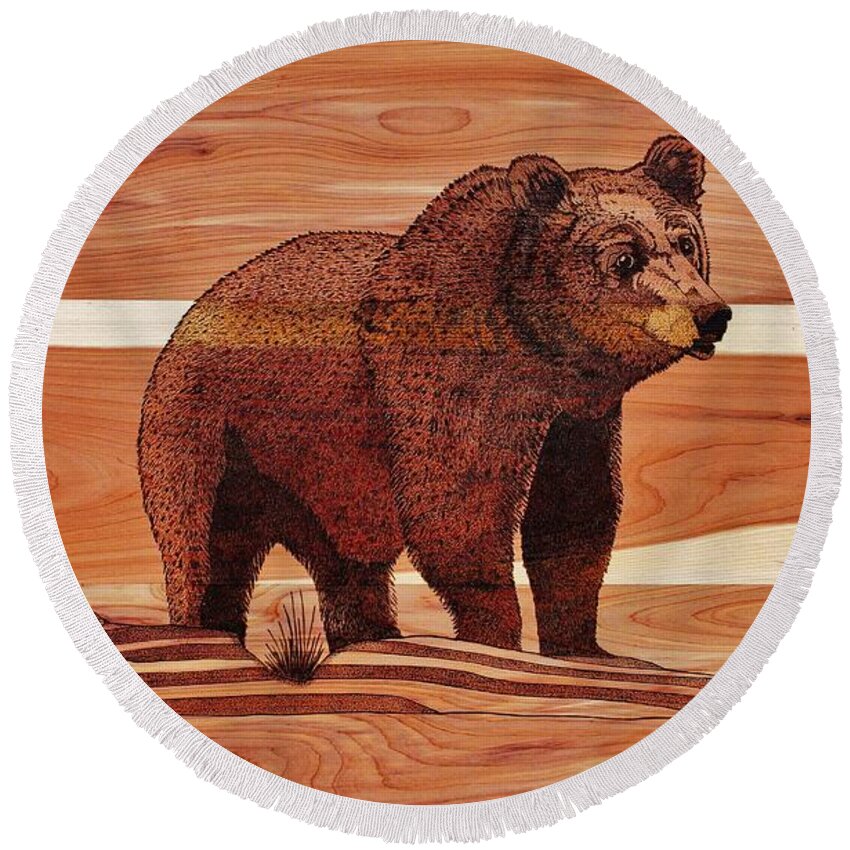 Wildlife Scene Round Beach Towel featuring the pyrography Old Griz by Jack Harries