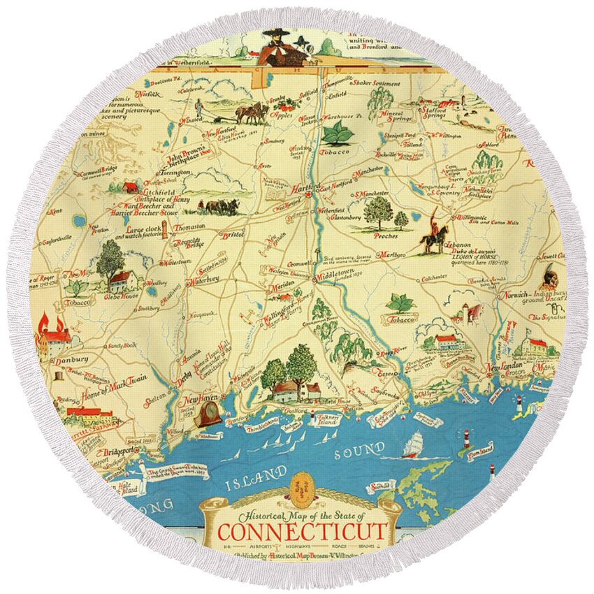 America Round Beach Towel featuring the digital art Old map of Connecticut by Roy Pedersen