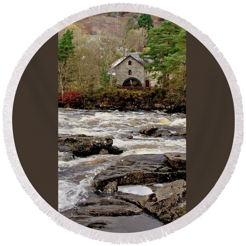 Old Mill Round Beach Towel featuring the photograph Old Mill at Dochart waterfalls by Elena Perelman
