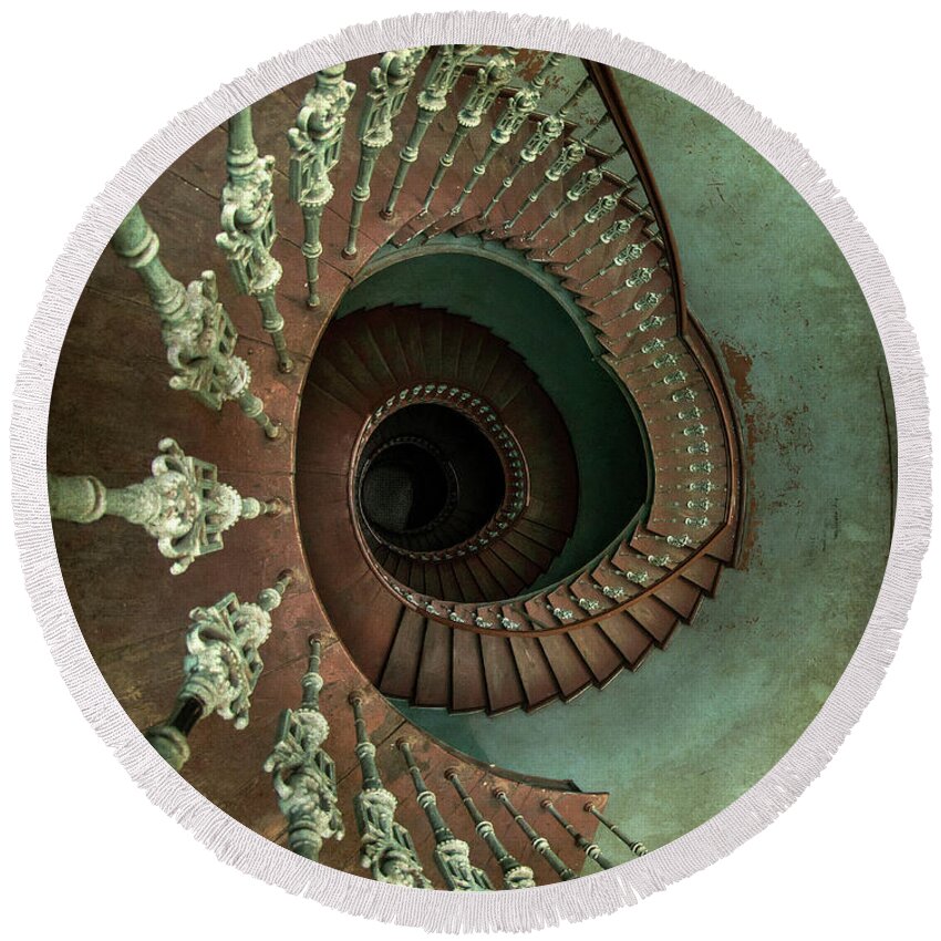 Spiral Round Beach Towel featuring the photograph Old ornamented spiral staircase by Jaroslaw Blaminsky