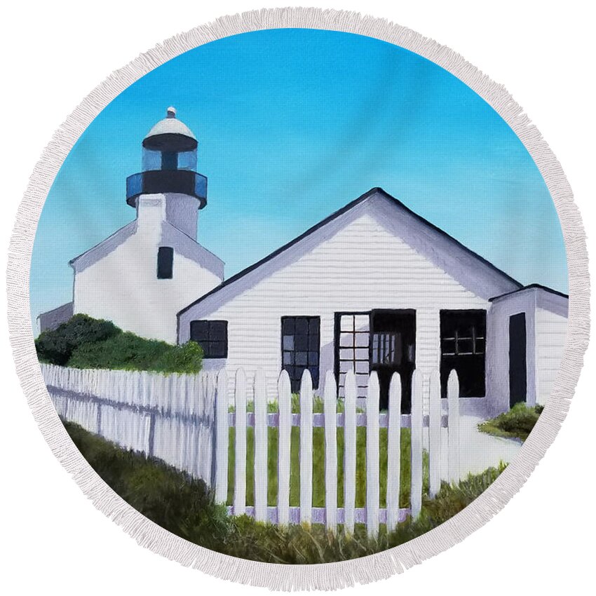 Lighthouse Round Beach Towel featuring the painting Old Point Loma Lighthouse by Karyn Robinson